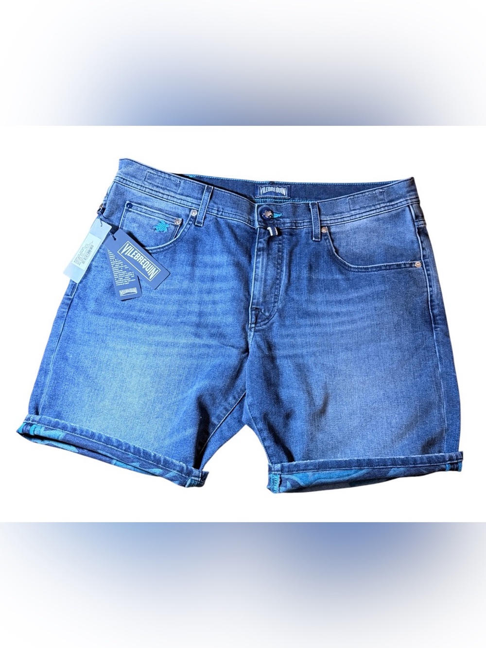 🔥 $455 Vilebrequin Men’s Garonne Turtle Shark Print Jean Shorts Men’s 🔥